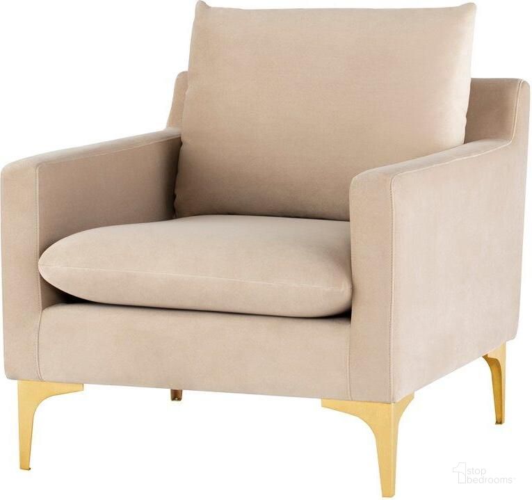 The appearance of Anders Nude And Gold Accent Chair designed by Nuevo in the modern / contemporary interior design. This beige piece of furniture  was selected by 1StopBedrooms from Anders Collection to add a touch of cosiness and style into your home. Sku: HGSC571. Material: Metal. Product Type: Accent Chair. Image1