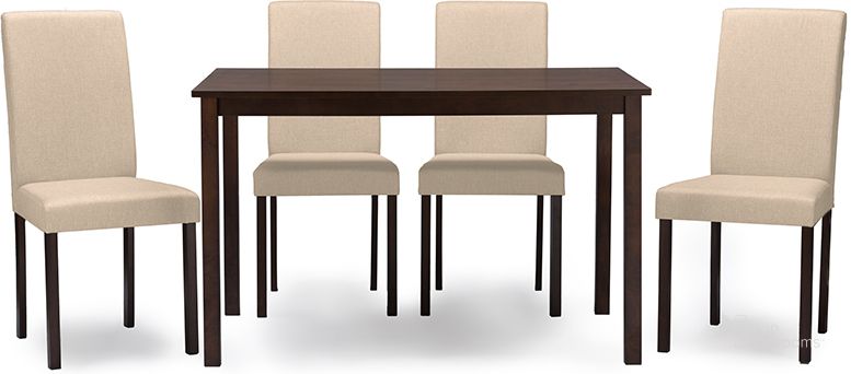 The appearance of Andrew Contemporary Espresso Wood Beige Fabric 5 Pc Dining Set designed by Baxton Studio in the modern / contemporary interior design. This brown and beige piece of furniture  was selected by 1StopBedrooms from Andrew Collection to add a touch of cosiness and style into your home. Sku: Andrew 5 PC Dining Set-Beige Fabric. Product Type: Dining Room Set. Material: Rubberwood. Image1