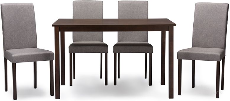 The appearance of Andrew Contemporary Espresso Wood Grey Fabric 5Pc Dining Set designed by Baxton Studio in the modern / contemporary interior design. This dark brown piece of furniture  was selected by 1StopBedrooms from Andrew Collection to add a touch of cosiness and style into your home. Sku: Andrew 5 PC Dining Set-Grey Fabric. Product Type: Dining Room Set. Material: Rubberwood. Image1