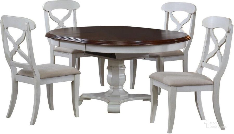 The appearance of Andrews Antique White ad Chestnut Brown 5 Piece Butterfly Leaf Dining Set designed by Sunset Trading in the traditional interior design. This antique white and chestnut piece of furniture  was selected by 1StopBedrooms from Andrews Collection to add a touch of cosiness and style into your home. Sku: DLU-ADW-TPB-4866-AW-B-1;DLU-ADW-TPB-4866-AW-B-2;DLU-ADW-TPB-4866-AW-T;DLU-ADW-C12-AW-2;DLU-ADW-C12-AW-2. Material: Wood. Product Type: Dining Chair. Image1