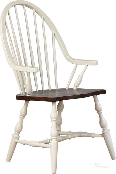 The appearance of Andrews Antique White and Chestnut Brown Windsor Dining Chair with Arms designed by Sunset Trading in the modern / contemporary interior design. This antique white piece of furniture  was selected by 1StopBedrooms from Andrews Collection to add a touch of cosiness and style into your home. Sku: DLU-ADW-C30A-AW. Material: Wood. Product Type: Dining Chair. Image1