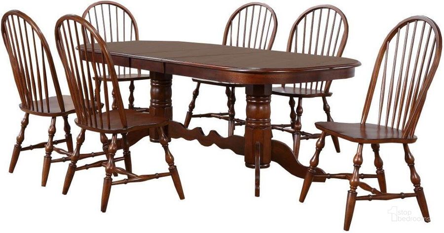 The appearance of Andrews Chestnut Brown 7 Piece Double Pedestal Extendable Dining Set designed by Sunset Trading in the traditional interior design. This chestnut brown piece of furniture  was selected by 1StopBedrooms from Andrews Collection to add a touch of cosiness and style into your home. Sku: DLU-ADW-TTB-4296-CT-T;DLU-ADW-TTB-4296-CT-B;DLU-C30-CT-2;DLU-C30-CT-2;DLU-C30-CT-2. Material: Wood. Product Type: Dining Chair. Image1