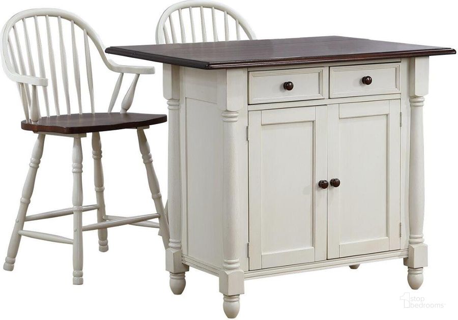 The appearance of Andrews Drawers and Cabinet Drop Leaf Kitchen Island with Counter Height Stools with Arms designed by Sunset Trading in the traditional interior design. This antique white and chestnut piece of furniture  was selected by 1StopBedrooms from Andrews Collection to add a touch of cosiness and style into your home. Sku: DLU-KI-4222-AW;DLU-B3024-AW-A-RTA. Material: Wood. Product Type: Kitchen Island. Image1
