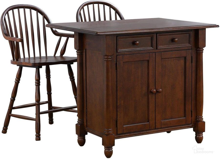 The appearance of Andrews Drawers and Cabinet Drop Leaf Kitchen Island with Counter Height Stools with Arms designed by Sunset Trading in the traditional interior design. This chestnut brown piece of furniture  was selected by 1StopBedrooms from Andrews Collection to add a touch of cosiness and style into your home. Sku: DLU-KI-4222-CT;DLU-B3024-CT-A-RTA. Material: Wood. Product Type: Kitchen Island. Image1