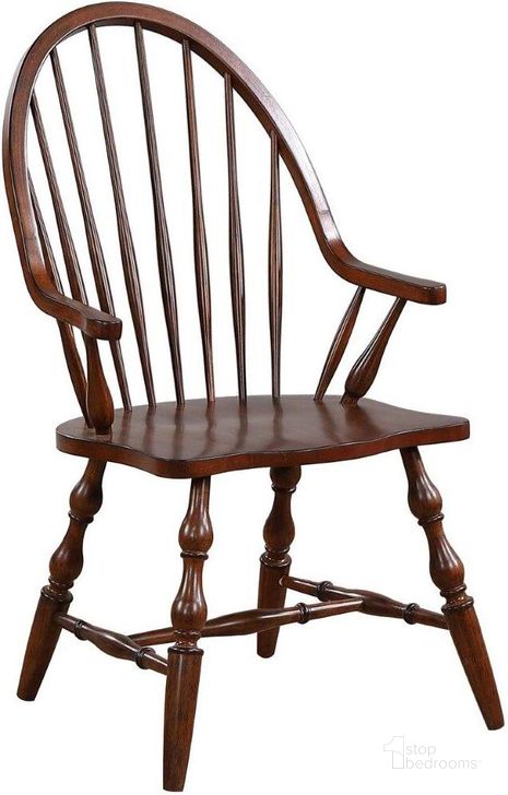 The appearance of Andrews Seat Windsor Dining Chair with Arms designed by Sunset Trading in the country / farmhouse interior design. This chestnut brown piece of furniture  was selected by 1StopBedrooms from Andrews Collection to add a touch of cosiness and style into your home. Sku: DLU-ADW-C30A-CT. Material: Wood. Product Type: Dining Chair. Image1