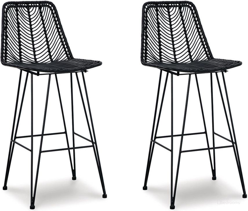 The appearance of Angentree Black Tall Upholstered Barstool Set of 2 designed by Signature Design by Ashley in the modern / contemporary interior design. This black piece of furniture  was selected by 1StopBedrooms from Angentree Collection to add a touch of cosiness and style into your home. Sku: D434-130. Material: Metal. Product Type: Barstool. Image1