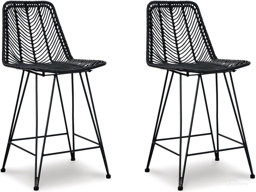 The appearance of Angentree Black Upholstered Barstool Set Of 2 designed by Signature Design by Ashley in the modern / contemporary interior design. This black piece of furniture  was selected by 1StopBedrooms from Angentree Collection to add a touch of cosiness and style into your home. Sku: D434-124. Material: Metal. Product Type: Barstool. Image1