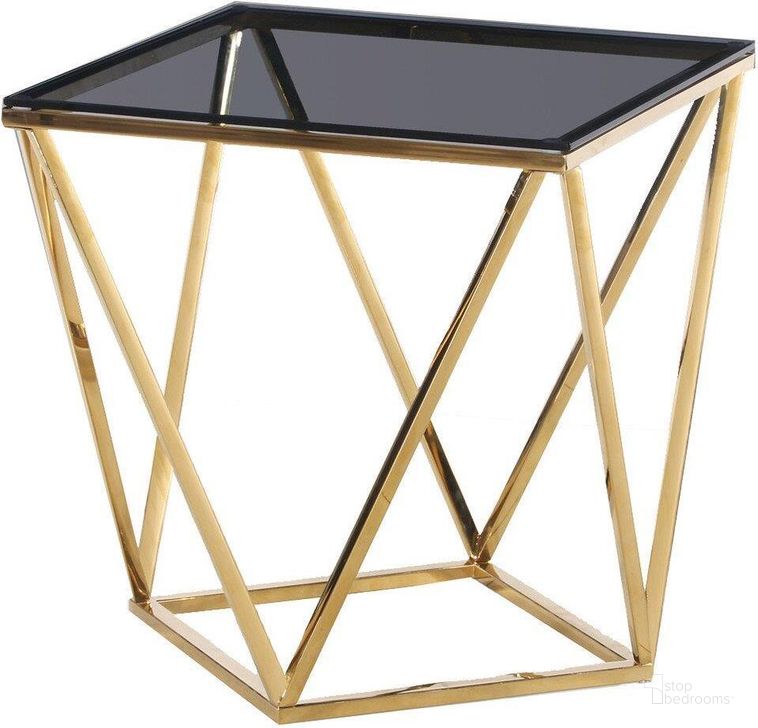 The appearance of Angled Square Glass And Stainless Steel End Table In Smoked And Gold designed by Best Master Furniture in the modern / contemporary interior design. This smoke piece of furniture  was selected by 1StopBedrooms from  to add a touch of cosiness and style into your home. Sku: E43. Material: Glass. Product Type: End Table.