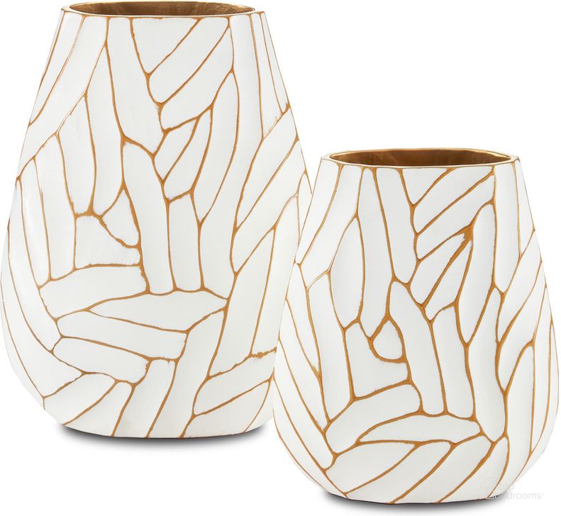 The appearance of Anika White Vase Set of 2 designed by Currey & Company in the modern / contemporary interior design. This white piece of furniture  was selected by 1StopBedrooms from Anika Collection to add a touch of cosiness and style into your home. Sku: 1200-0496. Material: Aluminum. Product Type: Vase.