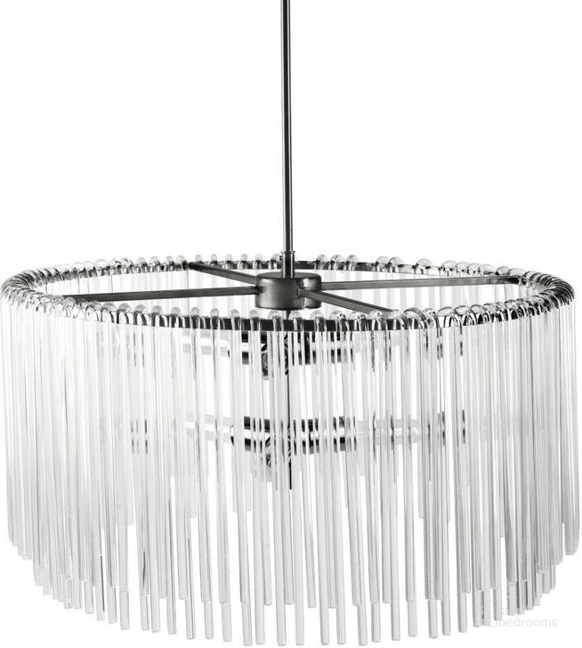 The appearance of Anna Hanging Gun-Metal And Glass Rod Six Bulb Chandelier designed by Mercana in the modern / contemporary interior design. This silver piece of furniture  was selected by 1StopBedrooms from Anna Collection to add a touch of cosiness and style into your home. Sku: 67140. Material: Metal. Product Type: Chandelier. Image1