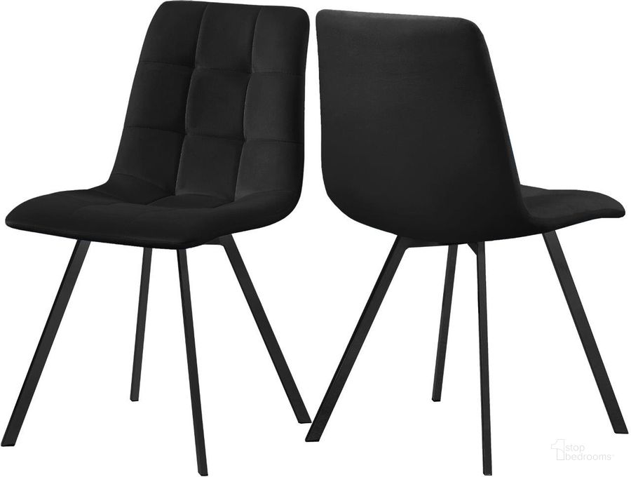 The appearance of Annie Black Velvet Dining Chair Set of 2 designed by Meridian in the modern / contemporary interior design. This black velvet piece of furniture  was selected by 1StopBedrooms from Annie Collection to add a touch of cosiness and style into your home. Sku: 981Black-C. Product Type: Dining Chair. Material: Velvet. Image1