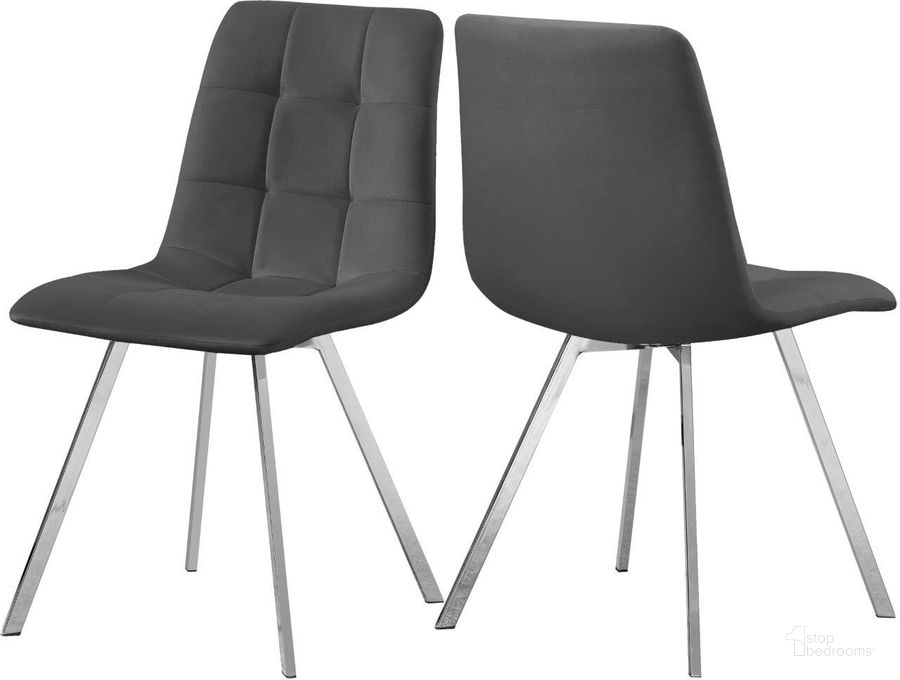 The appearance of Annie Grey Velvet Dining Chair Set of 2 designed by Meridian in the modern / contemporary interior design. This grey velvet piece of furniture  was selected by 1StopBedrooms from Annie Collection to add a touch of cosiness and style into your home. Sku: 980Grey-C. Product Type: Dining Chair. Material: Velvet. Image1