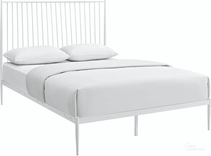 The appearance of Annika Queen Platform Bed In White designed by Modway in the modern / contemporary interior design. This white piece of furniture  was selected by 1StopBedrooms from Annika Collection to add a touch of cosiness and style into your home. Sku: MOD-5478-WHI. Bed Type: Platform Bed. Material: Steel. Product Type: Platform Bed. Bed Size: Queen. Image1