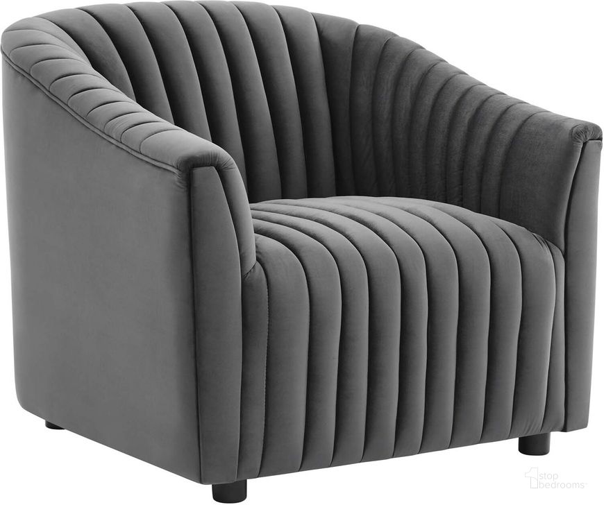 The appearance of Announce Performance Velvet Channel Tufted Arm Chair In Charcoal designed by Modway in the modern / contemporary interior design. This charcoal piece of furniture  was selected by 1StopBedrooms from Announce Collection to add a touch of cosiness and style into your home. Sku: EEI-5055-CHA. Material: Wood. Product Type: Arm Chair. Image1