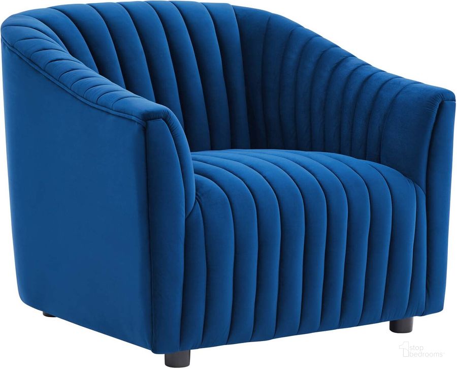 The appearance of Announce Performance Velvet Channel Tufted Arm Chair In Navy designed by Modway in the modern / contemporary interior design. This navy piece of furniture  was selected by 1StopBedrooms from Announce Collection to add a touch of cosiness and style into your home. Sku: EEI-5055-NAV. Material: Wood. Product Type: Arm Chair. Image1