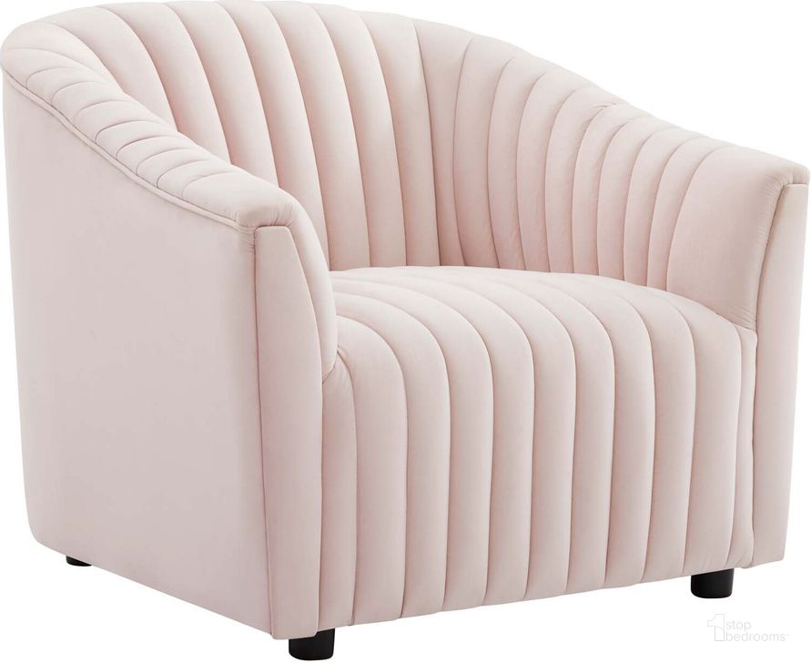 The appearance of Announce Performance Velvet Channel Tufted Arm Chair In Pink designed by Modway in the modern / contemporary interior design. This pink piece of furniture  was selected by 1StopBedrooms from Announce Collection to add a touch of cosiness and style into your home. Sku: EEI-5055-PNK. Material: Wood. Product Type: Arm Chair. Image1