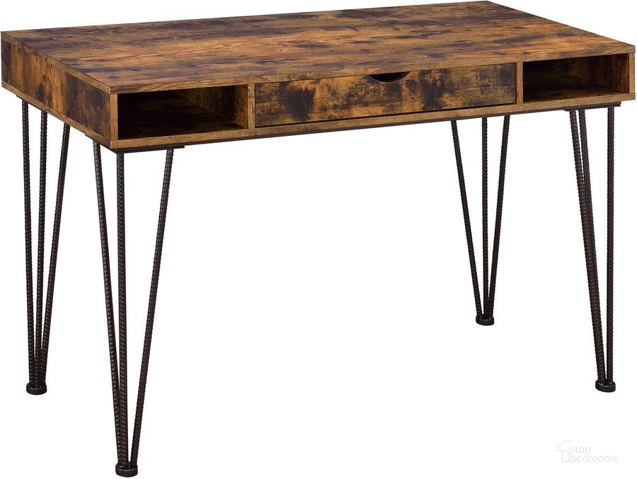 The appearance of Antique Nutmeg and Dark Bronze Writing Desk designed by Coaster in the modern / contemporary interior design. This brown piece of furniture  was selected by 1StopBedrooms from  to add a touch of cosiness and style into your home. Sku: 801038. Material: Metal. Product Type: Writing Desk. Image1