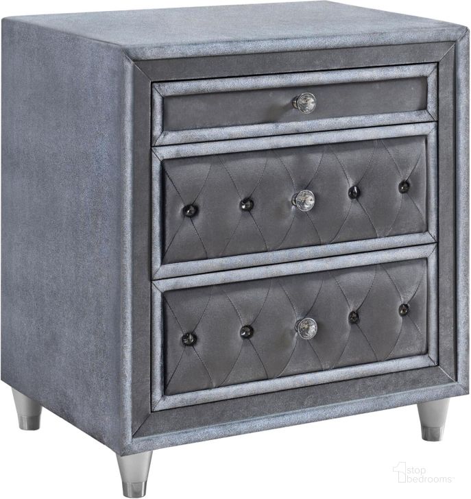 The appearance of Antonella 3-Drawer Upholstered Nightstand In Grey designed by Coaster in the modern / contemporary interior design. This grey piece of furniture  was selected by 1StopBedrooms from Antonella Collection to add a touch of cosiness and style into your home. Sku: 223582. Material: Upholstered. Product Type: Nightstand. Image1