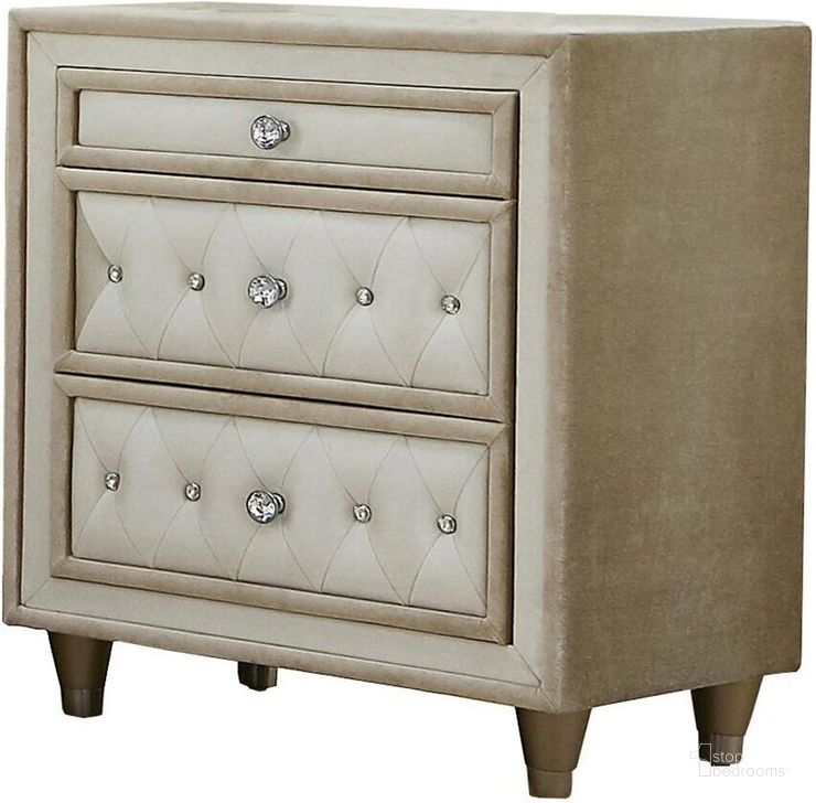 The appearance of Antonella Ivory And Camel Nightstand designed by Coaster in the modern / contemporary interior design. This white piece of furniture  was selected by 1StopBedrooms from Antonella Collection to add a touch of cosiness and style into your home. Sku: 223522. Material: Wood. Product Type: Nightstand. Image1