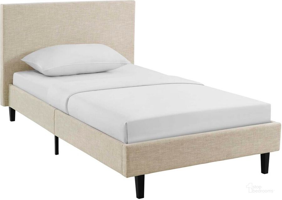 The appearance of Anya Twin Fabric Bed In Beige designed by Modway in the modern / contemporary interior design. This beige piece of furniture  was selected by 1StopBedrooms from Anya Collection to add a touch of cosiness and style into your home. Sku: MOD-5416-BEI. Material: Wood. Product Type: Bed. Bed Size: Twin. Image1