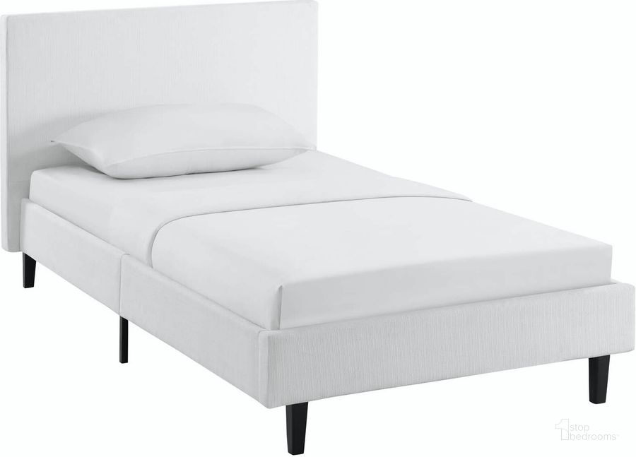 The appearance of Anya White Twin Bed designed by Modway in the modern / contemporary interior design. This white piece of furniture  was selected by 1StopBedrooms from Anya Collection to add a touch of cosiness and style into your home. Sku: MOD-5416-WHI. Bed Type: Platform Bed. Material: Wood. Product Type: Platform Bed. Bed Size: Twin. Image1