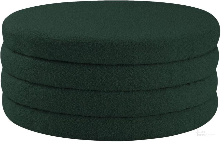 The appearance of Aphia Green Boucle Fabric Ottoman/Coffee Table designed by Meridian in the modern / contemporary interior design. This green piece of furniture  was selected by 1StopBedrooms from Aphia Collection to add a touch of cosiness and style into your home. Sku: 154Green. Material: Fabric. Product Type: Coffee Table. Image1