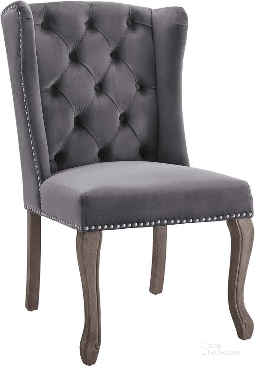 The appearance of Apprise Gray French Vintage Dining Performance Velvet Side Chair designed by Modway in the modern / contemporary interior design. This gray piece of furniture  was selected by 1StopBedrooms from Apprise Collection to add a touch of cosiness and style into your home. Sku: EEI-3367-GRY. Material: Wood. Product Type: Side Chair. Image1