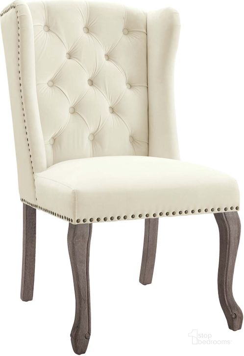 The appearance of Apprise Ivory French Vintage Dining Performance Velvet Side Chair designed by Modway in the modern / contemporary interior design. This ivory piece of furniture  was selected by 1StopBedrooms from Apprise Collection to add a touch of cosiness and style into your home. Sku: EEI-3367-IVO. Material: Wood. Product Type: Side Chair. Image1