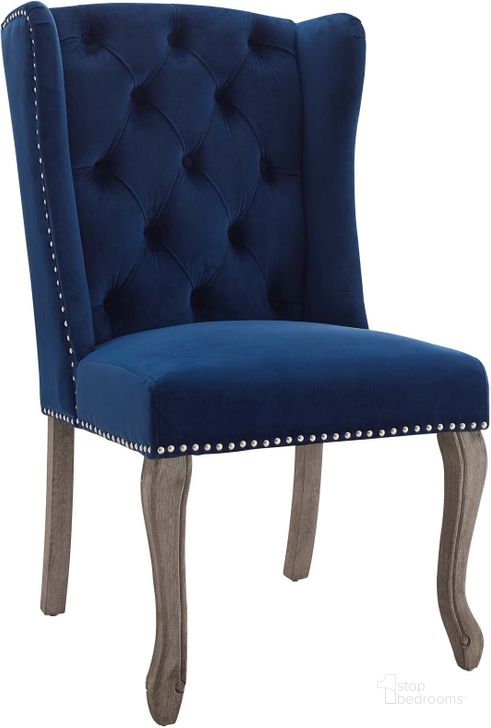 The appearance of Apprise Navy French Vintage Dining Performance Velvet Side Chair designed by Modway in the modern / contemporary interior design. This navy piece of furniture  was selected by 1StopBedrooms from Apprise Collection to add a touch of cosiness and style into your home. Sku: EEI-3367-NAV. Material: Wood. Product Type: Side Chair. Image1