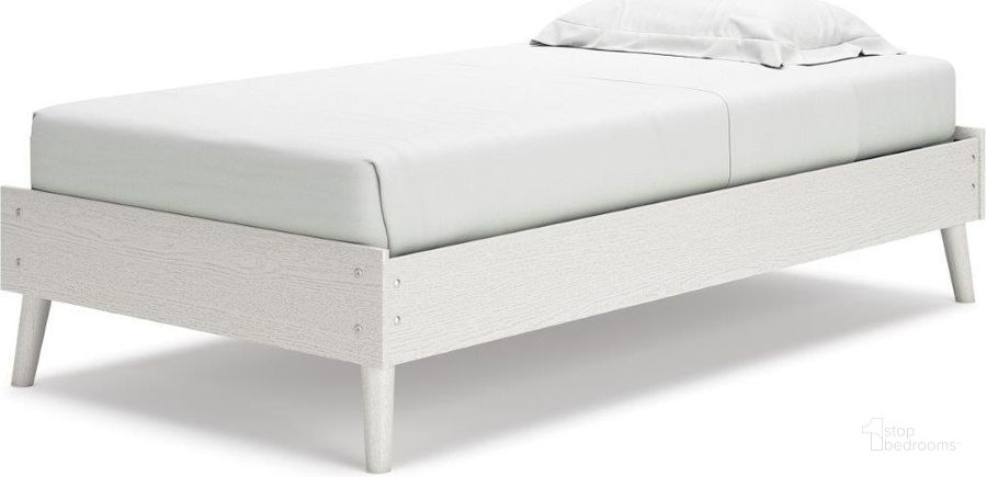 The appearance of Aprilyn White Twin Platform Bed without Headboard designed by Signature Design by Ashley in the modern / contemporary interior design. This white piece of furniture  was selected by 1StopBedrooms from Aprilyn Collection to add a touch of cosiness and style into your home. Sku: EB1024-111. Bed Type: Platform Bed. Material: Wood. Product Type: Platform Bed. Bed Size: Twin. Image1