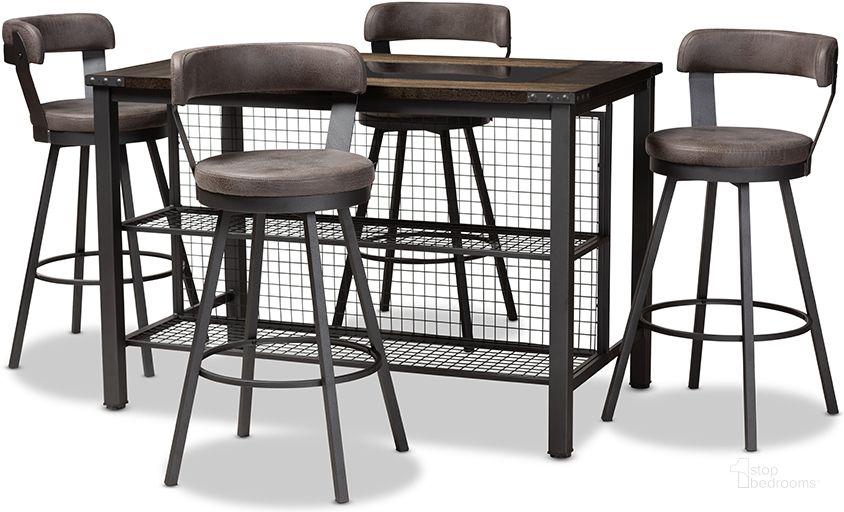 The appearance of Arcene Rustic And Industrial Antique Grey Fabric Upholstered 5-Piece Pub Set designed by Baxton Studio in the industrial interior design. This walnut piece of furniture  was selected by 1StopBedrooms from Arcene Collection to add a touch of cosiness and style into your home. Sku: CA1802-Walnut/Grey-5PC-Set. Product Type: Bistro & Pub Set. Material: MDF. Image1