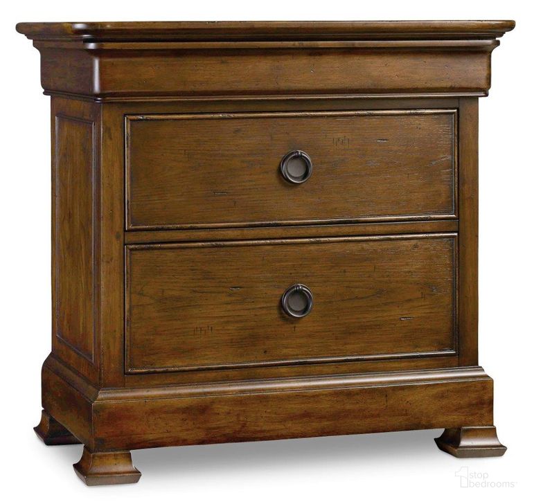 The appearance of Archivist Three-Drawer Nightstand designed by Hooker in the traditional interior design. This pecan piece of furniture  was selected by 1StopBedrooms from Archivist Collection to add a touch of cosiness and style into your home. Sku: 5447-90016. Product Type: Nightstand. Material: Wood Veneer. Image1