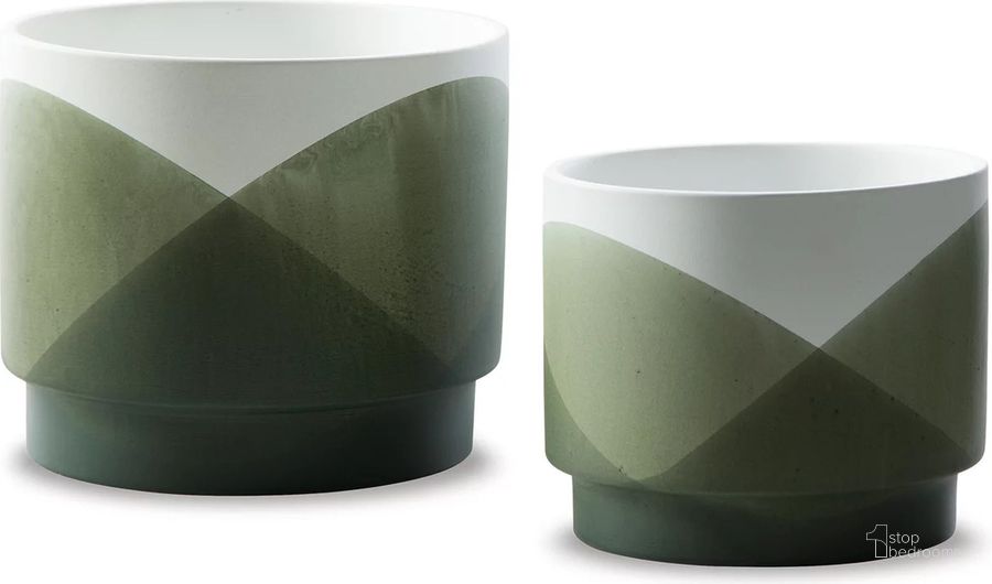 The appearance of Ardenridge Green And White Planter Set Set Of 2 designed by Signature Design by Ashley in the transitional interior design. This green and white piece of furniture  was selected by 1StopBedrooms from Ardenridge Collection to add a touch of cosiness and style into your home. Sku: A2000579. Material: Ceramic. Product Type: Planter. Image1
