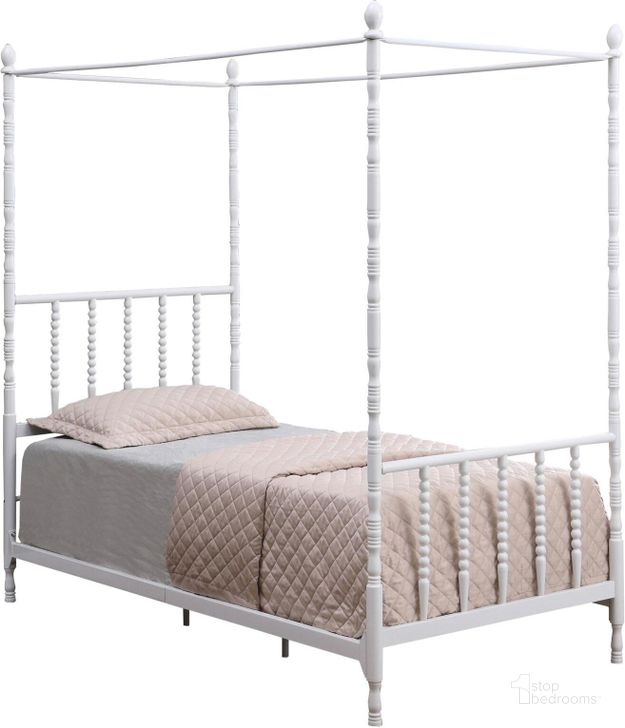 The appearance of Ardrossan White Twin Canopy Bed designed by Isaac Tahari in the transitional interior design. This white piece of furniture  was selected by 1StopBedrooms from Ardrossan Collection to add a touch of cosiness and style into your home. Sku: 406055T. Bed Type: Canopy Bed. Material: Metal. Product Type: Canopy Bed. Bed Size: Twin. Image1