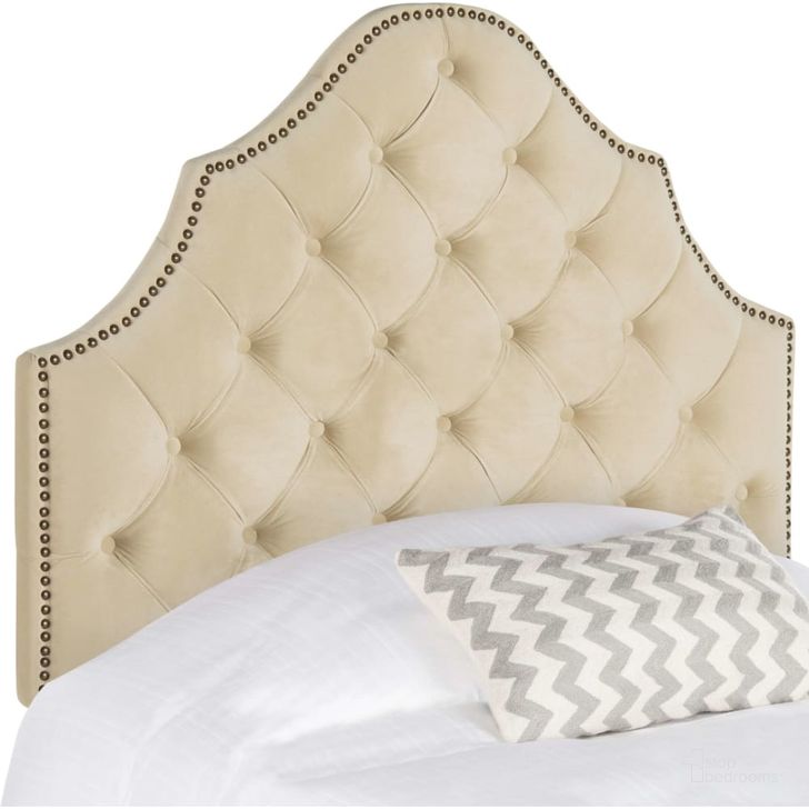 The appearance of Arebelle Buckwheat Velvet Twin Headboard with Brass Nailhead Detail designed by Safavieh in the modern / contemporary interior design. This wheat piece of furniture  was selected by 1StopBedrooms from Arebelle Collection to add a touch of cosiness and style into your home. Sku: MCR4034E-T. Product Type: Headboard. Bed Size: Twin. Material: Stainless Steel. Image1