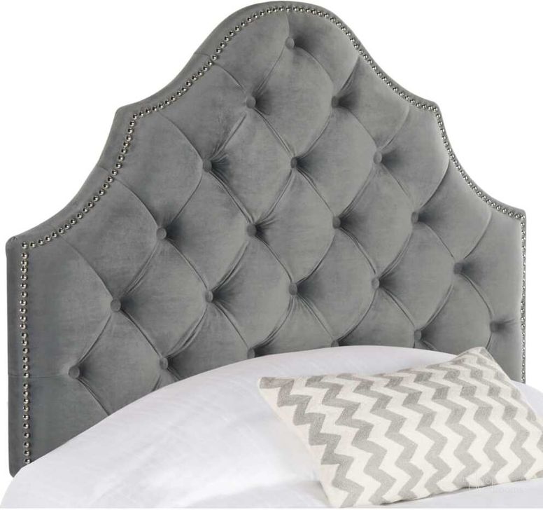 The appearance of Arebelle Pewter Velvet Tufted Twin Headboard with Silver Nailhead Detail designed by Safavieh in the modern / contemporary interior design. This pewter piece of furniture  was selected by 1StopBedrooms from Arebelle Collection to add a touch of cosiness and style into your home. Sku: MCR4034G-T. Product Type: Headboard. Bed Size: Twin. Material: Stainless Steel. Image1