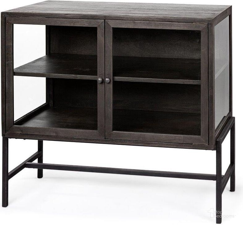 The appearance of Arelius Black-Brown Wood And Black Metal Base With 2 Glass Doors Accent Cabinet designed by Mercana in the modern / contemporary interior design. This black and brown piece of furniture  was selected by 1StopBedrooms from Arelius Collection to add a touch of cosiness and style into your home. Sku: 69010. Material: Wood. Product Type: Accent Cabinet. Image1