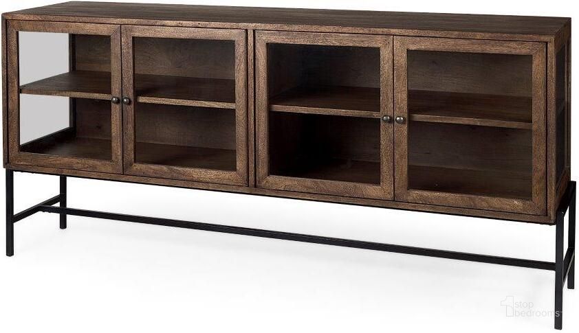 The appearance of Arelius Medium Brown And Black Metal Base With 4 Glass Door Cabinets Sideboard designed by Mercana in the modern / contemporary interior design. This medium brown piece of furniture  was selected by 1StopBedrooms from Arelius Collection to add a touch of cosiness and style into your home. Sku: 69293. Material: Wood. Product Type: Sideboard. Image1