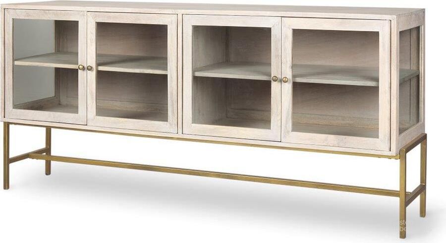 The appearance of Arelius White Wood With Gold Metal Base 4 Door Glass Cabinet Sideboard designed by Mercana in the coastal interior design. This white and gold piece of furniture  was selected by 1StopBedrooms from Arelius Collection to add a touch of cosiness and style into your home. Sku: 69295. Material: Wood. Product Type: Sideboard. Image1
