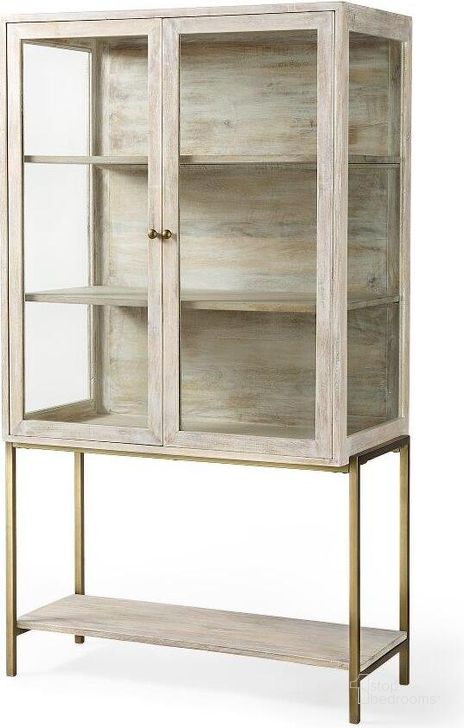 The appearance of Arelius White Wood With Gold Metal Base Display Cabinet designed by Mercana in the transitional interior design. This white and gold piece of furniture  was selected by 1StopBedrooms from Arelius Collection to add a touch of cosiness and style into your home. Sku: 69301. Material: Wood. Product Type: Curio Cabinet. Image1
