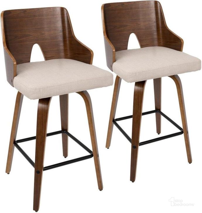 The appearance of Ariana 26 Inch Mid-Century Modern Counter Stool In Walnut And Beige Fabric - Set Of 2 designed by Lumisource in the transitional interior design. This walnut piece of furniture  was selected by 1StopBedrooms from Ariana Collection to add a touch of cosiness and style into your home. Sku: B26-ARIA2-SWVX WLBG2. Material: Fabric. Product Type: Barstool. Image1