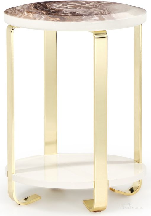 The appearance of Ariana Chairside Table In Gold designed by AICO in the transitional interior design. This gold piece of furniture  was selected by 1StopBedrooms from Ariana Collection to add a touch of cosiness and style into your home. Sku: LFR-ARNA222-806. Product Type: Chairside Table. Material: MDF. Image1