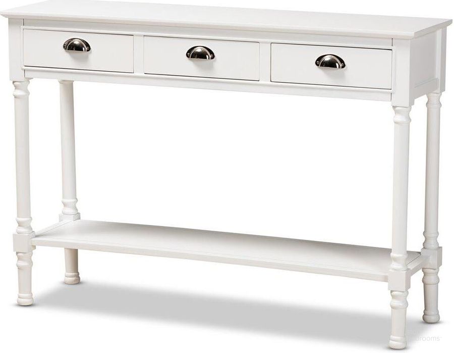 The appearance of Arild White Console Table designed by Isaac Tahari in the transitional interior design. This white piece of furniture  was selected by 1StopBedrooms from Arild Collection to add a touch of cosiness and style into your home. Sku: JY20A373-Antique White-Console. Product Type: Console Table. Material: MDF. Image1
