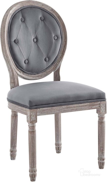 The appearance of Arise Vintage French Performance Velvet Dining Side Chair EEI-4665-NAT-GRY designed by Modway in the modern / contemporary interior design. This grey velvet piece of furniture  was selected by 1StopBedrooms from Arise Collection to add a touch of cosiness and style into your home. Sku: EEI-4665-NAT-GRY. Product Type: Dining Chair. Material: Rubberwood. Image1