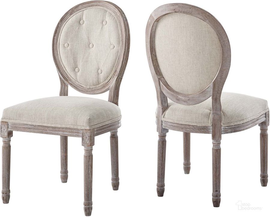 The appearance of Arise Vintage French Upholstered Fabric Dining Side Chair Set of 2 In Beige designed by Modway in the modern / contemporary interior design. This beige piece of furniture  was selected by 1StopBedrooms from Arise Collection to add a touch of cosiness and style into your home. Sku: EEI-3105-BEI-SET. Product Type: Dining Chair. Material: Rubberwood. Image1