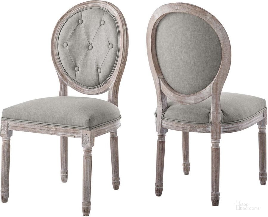 The appearance of Arise Vintage French Upholstered Fabric Dining Side Chair Set of 2 In Light Gray designed by Modway in the modern / contemporary interior design. This light gray piece of furniture  was selected by 1StopBedrooms from Arise Collection to add a touch of cosiness and style into your home. Sku: EEI-3105-LGR-SET. Product Type: Dining Chair. Material: Rubberwood. Image1