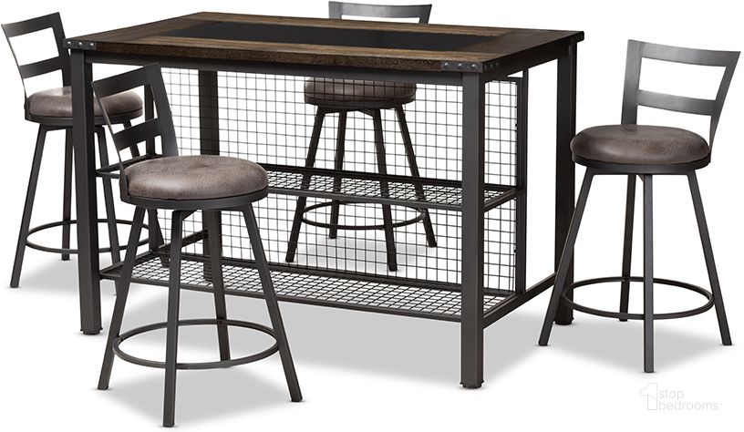 The appearance of Arjean Rustic And Industrial Grey Fabric Upholstered 5-Piece Pub Set designed by Baxton Studio in the industrial interior design. This walnut piece of furniture  was selected by 1StopBedrooms from Arjean Collection to add a touch of cosiness and style into your home. Sku: C1866P-Walnut/Grey-5PC-Set. Product Type: Bistro & Pub Set. Material: MDF. Image1