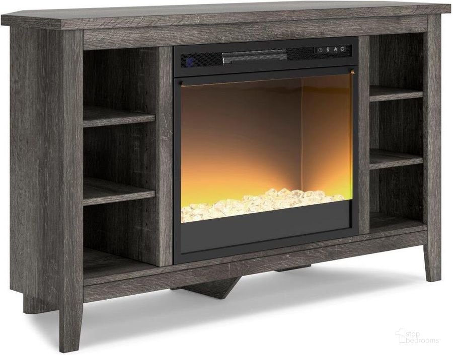 The appearance of Arlenbry Gray Corner TV Stand With Electric Fireplace designed by Signature Design by Ashley in the modern / contemporary interior design. This gray piece of furniture  was selected by 1StopBedrooms from Arlenbry Collection to add a touch of cosiness and style into your home. Sku: W275-67;W100-02. Material: Wood. Product Type: TV Stand. Image1