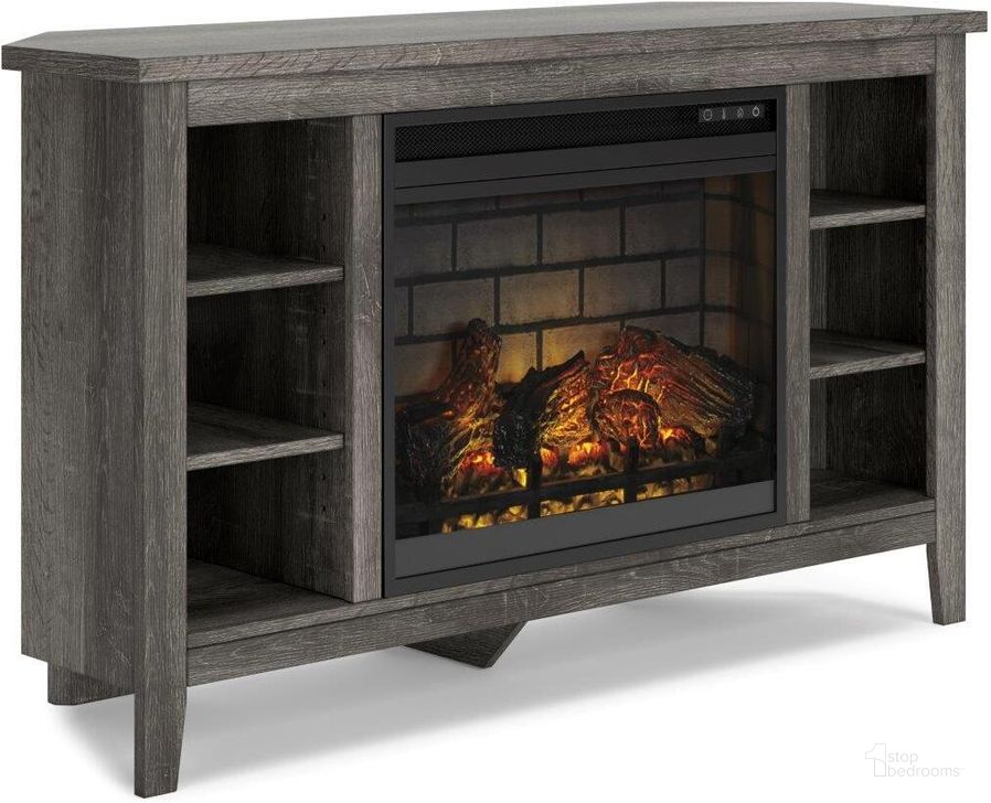 The appearance of Arlenbry Gray Corner TV Stand With Infrared Electric Fireplace designed by Signature Design by Ashley in the modern / contemporary interior design. This gray piece of furniture  was selected by 1StopBedrooms from Arlenbry Collection to add a touch of cosiness and style into your home. Sku: W275-67;W100-101. Material: Wood. Product Type: TV Stand. Image1