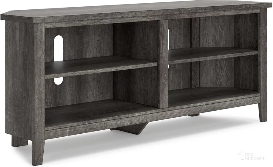 The appearance of Arlenbry Gray Medium Corner Tv Stand designed by Signature Design by Ashley in the modern / contemporary interior design. This gray piece of furniture  was selected by 1StopBedrooms from Arlenbry Collection to add a touch of cosiness and style into your home. Sku: W275-56. Material: Wood. Product Type: TV Stand. Image1